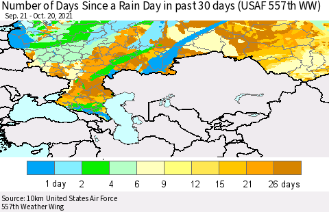 Russian Federation Number of Days Since a Rain Day in past 30 days (USAF 557th WW) Thematic Map For 10/16/2021 - 10/20/2021