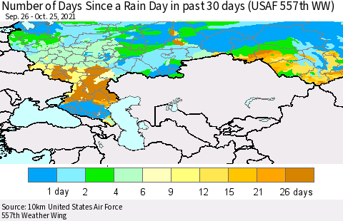 Russian Federation Number of Days Since a Rain Day in past 30 days (USAF 557th WW) Thematic Map For 10/21/2021 - 10/25/2021