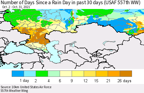 Russian Federation Number of Days Since a Rain Day in past 30 days (USAF 557th WW) Thematic Map For 10/26/2021 - 10/31/2021