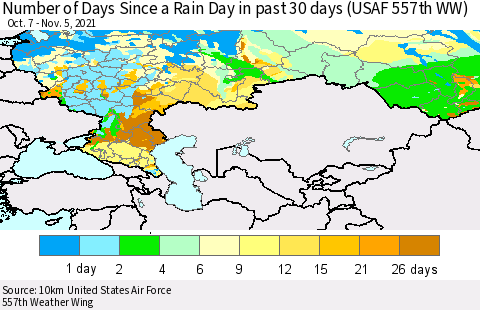 Russian Federation Number of Days Since a Rain Day in past 30 days (USAF 557th WW) Thematic Map For 11/1/2021 - 11/5/2021