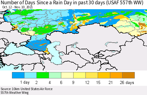 Russian Federation Number of Days Since a Rain Day in past 30 days (USAF 557th WW) Thematic Map For 11/6/2021 - 11/10/2021