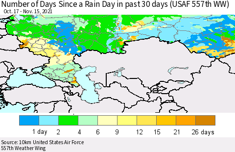 Russian Federation Number of Days Since a Rain Day in past 30 days (USAF 557th WW) Thematic Map For 11/11/2021 - 11/15/2021