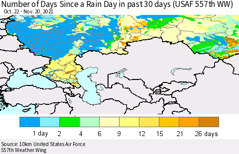 Russian Federation Number of Days Since a Rain Day in past 30 days (USAF 557th WW) Thematic Map For 11/16/2021 - 11/20/2021