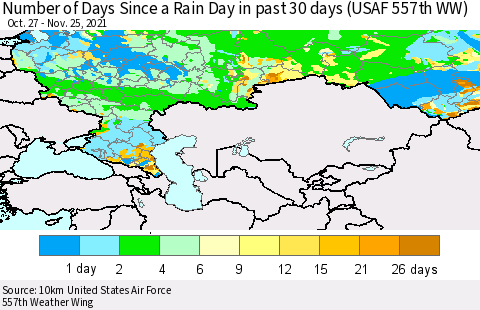 Russian Federation Number of Days Since a Rain Day in past 30 days (USAF 557th WW) Thematic Map For 11/21/2021 - 11/25/2021