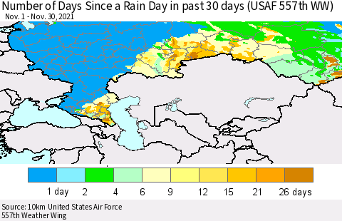 Russian Federation Number of Days Since a Rain Day in past 30 days (USAF 557th WW) Thematic Map For 11/26/2021 - 11/30/2021