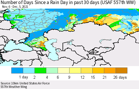 Russian Federation Number of Days Since a Rain Day in past 30 days (USAF 557th WW) Thematic Map For 12/1/2021 - 12/5/2021