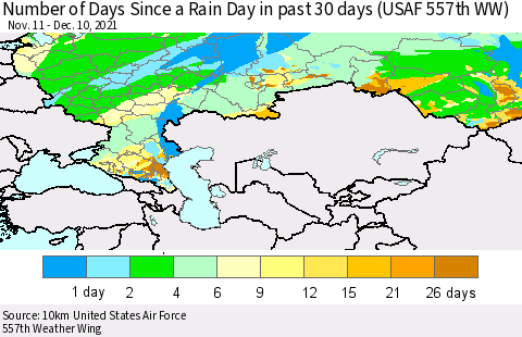 Russian Federation Number of Days Since a Rain Day in past 30 days (USAF 557th WW) Thematic Map For 12/6/2021 - 12/10/2021
