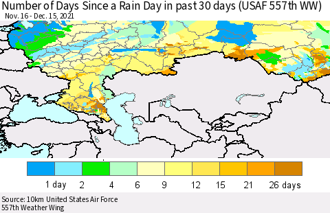 Russian Federation Number of Days Since a Rain Day in past 30 days (USAF 557th WW) Thematic Map For 12/11/2021 - 12/15/2021