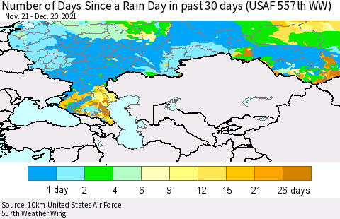 Russian Federation Number of Days Since a Rain Day in past 30 days (USAF 557th WW) Thematic Map For 12/16/2021 - 12/20/2021