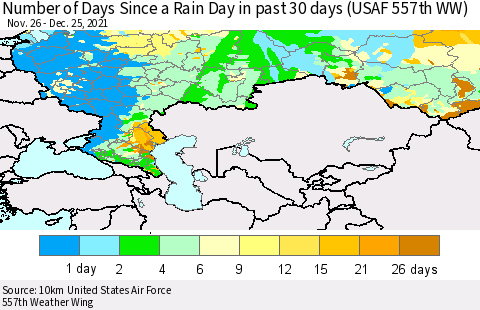 Russian Federation Number of Days Since a Rain Day in past 30 days (USAF 557th WW) Thematic Map For 12/21/2021 - 12/25/2021