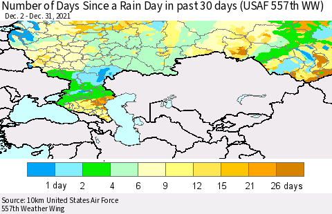 Russian Federation Number of Days Since a Rain Day in past 30 days (USAF 557th WW) Thematic Map For 12/26/2021 - 12/31/2021