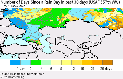 Russian Federation Number of Days Since a Rain Day in past 30 days (USAF 557th WW) Thematic Map For 1/1/2022 - 1/5/2022