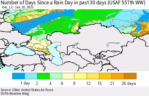 Russian Federation Number of Days Since a Rain Day in past 30 days (USAF 557th WW) Thematic Map For 1/6/2022 - 1/10/2022