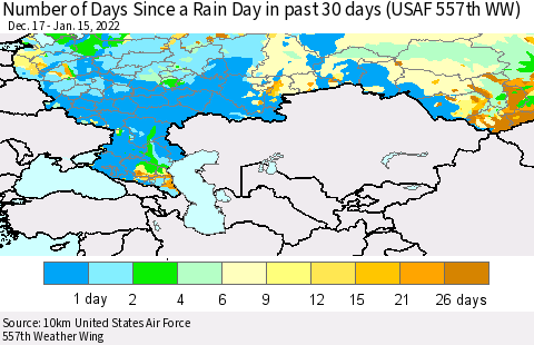 Russian Federation Number of Days Since a Rain Day in past 30 days (USAF 557th WW) Thematic Map For 1/11/2022 - 1/15/2022