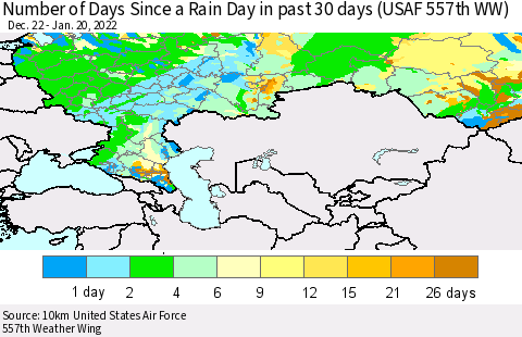 Russian Federation Number of Days Since a Rain Day in past 30 days (USAF 557th WW) Thematic Map For 1/16/2022 - 1/20/2022