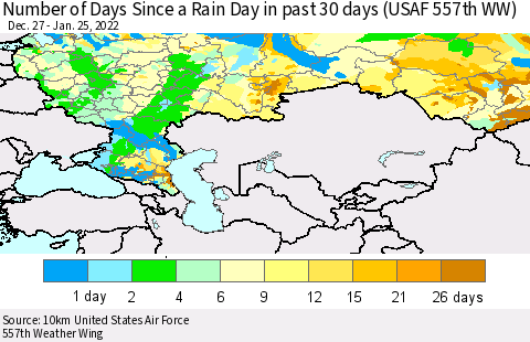 Russian Federation Number of Days Since a Rain Day in past 30 days (USAF 557th WW) Thematic Map For 1/21/2022 - 1/25/2022