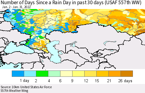 Russian Federation Number of Days Since a Rain Day in past 30 days (USAF 557th WW) Thematic Map For 1/26/2022 - 1/31/2022