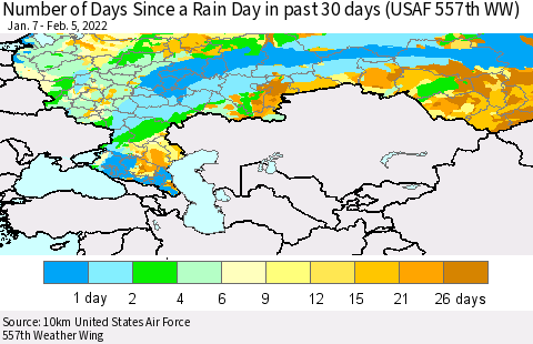 Russian Federation Number of Days Since a Rain Day in past 30 days (USAF 557th WW) Thematic Map For 2/1/2022 - 2/5/2022