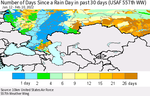 Russian Federation Number of Days Since a Rain Day in past 30 days (USAF 557th WW) Thematic Map For 2/6/2022 - 2/10/2022