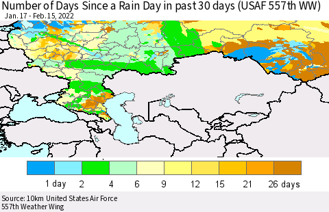 Russian Federation Number of Days Since a Rain Day in past 30 days (USAF 557th WW) Thematic Map For 2/11/2022 - 2/15/2022