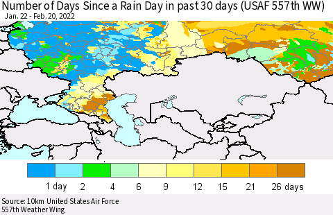 Russian Federation Number of Days Since a Rain Day in past 30 days (USAF 557th WW) Thematic Map For 2/16/2022 - 2/20/2022