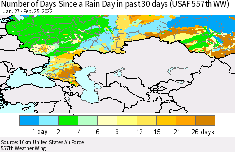 Russian Federation Number of Days Since a Rain Day in past 30 days (USAF 557th WW) Thematic Map For 2/21/2022 - 2/25/2022
