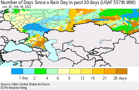 Russian Federation Number of Days Since a Rain Day in past 30 days (USAF 557th WW) Thematic Map For 2/26/2022 - 2/28/2022
