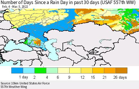 Russian Federation Number of Days Since a Rain Day in past 30 days (USAF 557th WW) Thematic Map For 3/1/2022 - 3/5/2022