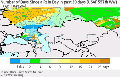 Russian Federation Number of Days Since a Rain Day in past 30 days (USAF 557th WW) Thematic Map For 3/6/2022 - 3/10/2022