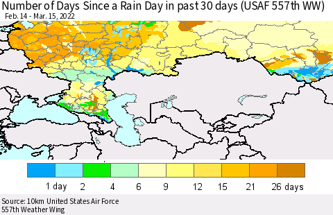 Russian Federation Number of Days Since a Rain Day in past 30 days (USAF 557th WW) Thematic Map For 3/11/2022 - 3/15/2022
