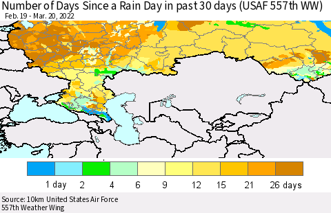 Russian Federation Number of Days Since a Rain Day in past 30 days (USAF 557th WW) Thematic Map For 3/16/2022 - 3/20/2022