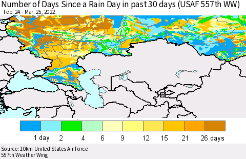 Russian Federation Number of Days Since a Rain Day in past 30 days (USAF 557th WW) Thematic Map For 3/21/2022 - 3/25/2022