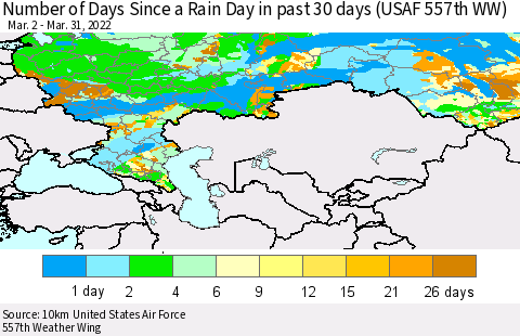 Russian Federation Number of Days Since a Rain Day in past 30 days (USAF 557th WW) Thematic Map For 3/26/2022 - 3/31/2022