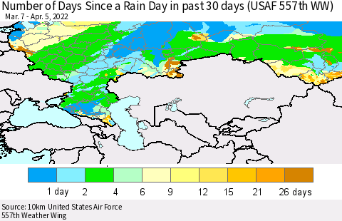 Russian Federation Number of Days Since a Rain Day in past 30 days (USAF 557th WW) Thematic Map For 4/1/2022 - 4/5/2022