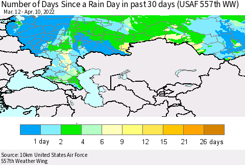 Russian Federation Number of Days Since a Rain Day in past 30 days (USAF 557th WW) Thematic Map For 4/6/2022 - 4/10/2022
