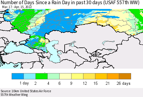 Russian Federation Number of Days Since a Rain Day in past 30 days (USAF 557th WW) Thematic Map For 4/11/2022 - 4/15/2022