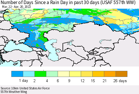 Russian Federation Number of Days Since a Rain Day in past 30 days (USAF 557th WW) Thematic Map For 4/16/2022 - 4/20/2022