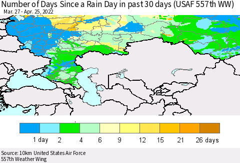 Russian Federation Number of Days Since a Rain Day in past 30 days (USAF 557th WW) Thematic Map For 4/21/2022 - 4/25/2022