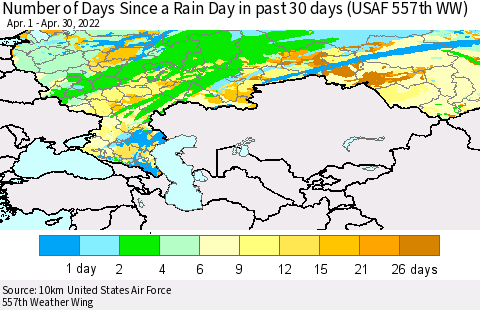 Russian Federation Number of Days Since a Rain Day in past 30 days (USAF 557th WW) Thematic Map For 4/26/2022 - 4/30/2022