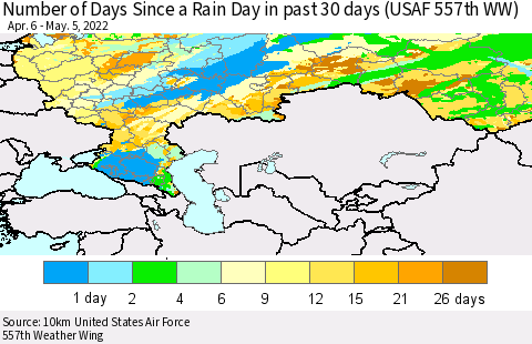 Russian Federation Number of Days Since a Rain Day in past 30 days (USAF 557th WW) Thematic Map For 5/1/2022 - 5/5/2022