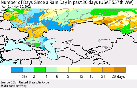 Russian Federation Number of Days Since a Rain Day in past 30 days (USAF 557th WW) Thematic Map For 5/6/2022 - 5/10/2022