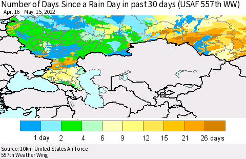 Russian Federation Number of Days Since a Rain Day in past 30 days (USAF 557th WW) Thematic Map For 5/11/2022 - 5/15/2022
