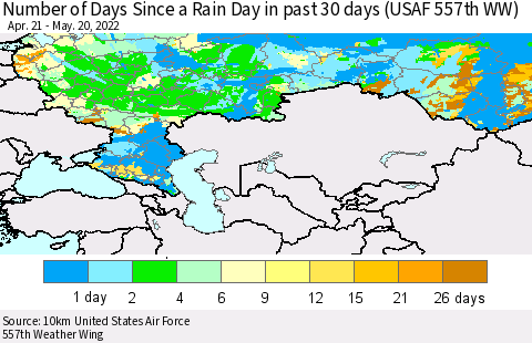 Russian Federation Number of Days Since a Rain Day in past 30 days (USAF 557th WW) Thematic Map For 5/16/2022 - 5/20/2022