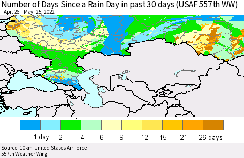 Russian Federation Number of Days Since a Rain Day in past 30 days (USAF 557th WW) Thematic Map For 5/21/2022 - 5/25/2022