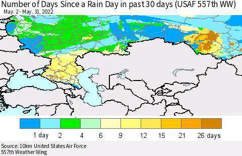 Russian Federation Number of Days Since a Rain Day in past 30 days (USAF 557th WW) Thematic Map For 5/26/2022 - 5/31/2022