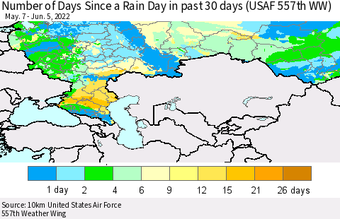 Russian Federation Number of Days Since a Rain Day in past 30 days (USAF 557th WW) Thematic Map For 6/1/2022 - 6/5/2022