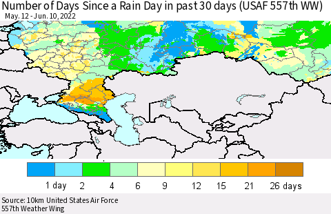 Russian Federation Number of Days Since a Rain Day in past 30 days (USAF 557th WW) Thematic Map For 6/6/2022 - 6/10/2022