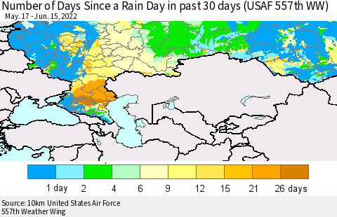 Russian Federation Number of Days Since a Rain Day in past 30 days (USAF 557th WW) Thematic Map For 6/11/2022 - 6/15/2022