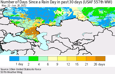 Russian Federation Number of Days Since a Rain Day in past 30 days (USAF 557th WW) Thematic Map For 6/16/2022 - 6/20/2022