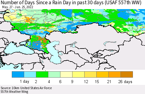 Russian Federation Number of Days Since a Rain Day in past 30 days (USAF 557th WW) Thematic Map For 6/21/2022 - 6/25/2022